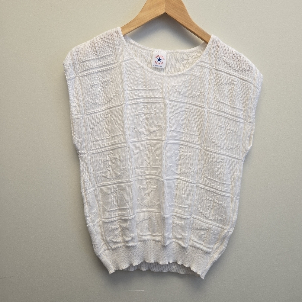 Large Vintage Sailboat Anchor Nautical White Knit Sleeveless Sweater